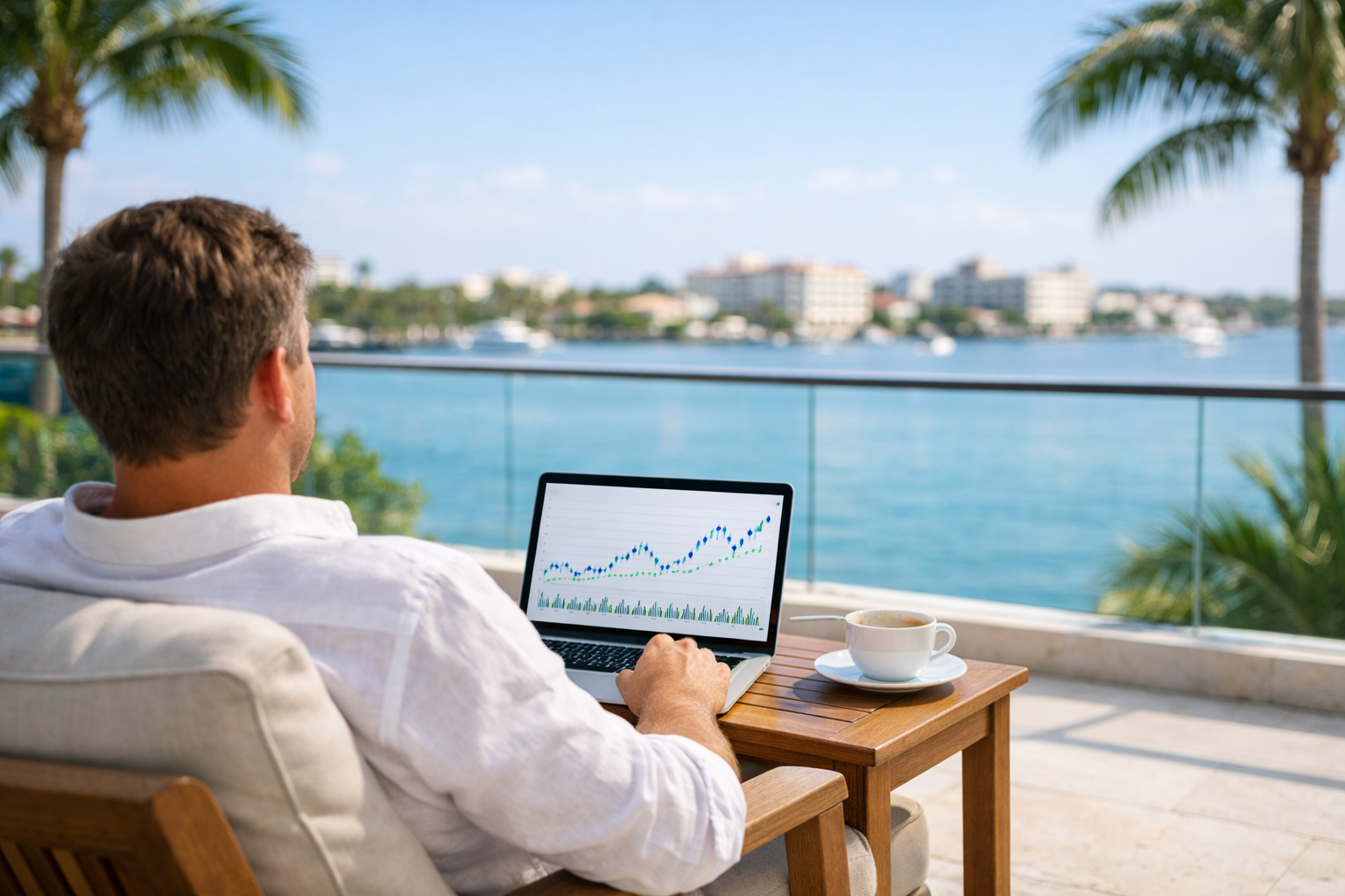 Weekend investor reviewing SaturdaySignal stock picks on laptop from waterfront terrace on Saturday morning